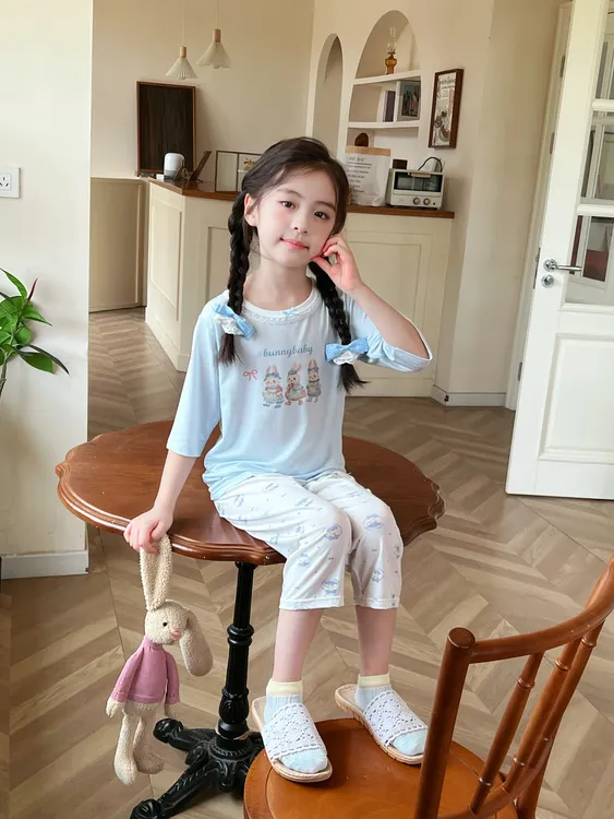 【7A抗菌】儿童夏季薄款莱赛尔七分袖花边宝宝空调服女童家居服ty