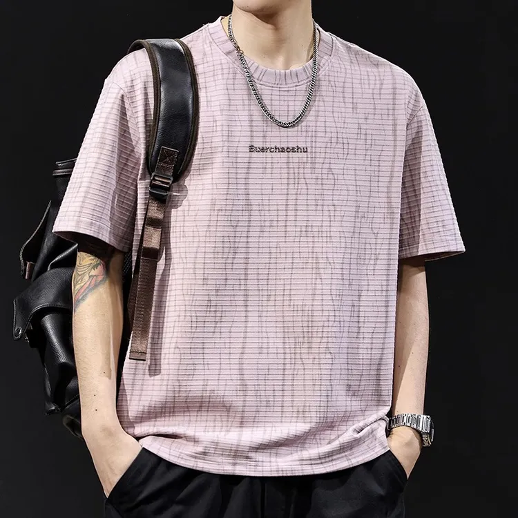 复古横纹提花短袖t恤男士宽松大码夏季2025新款衣服男装潮牌体恤