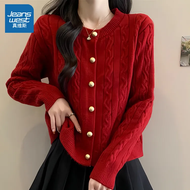 真维斯 红色毛衣女早春2025衣服小个子针织外套新年战袍短款外套