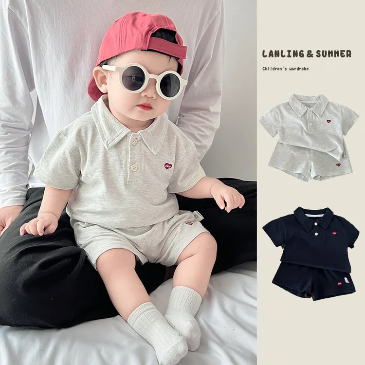 宝宝短袖套装男童分体衣服婴儿夏装popl衫帅气翻领短袖短裤两件套