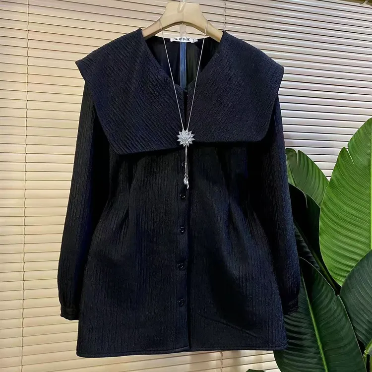 J胖mm欧货时尚新款海军领收腰纽扣宽松显瘦长袖衬衫