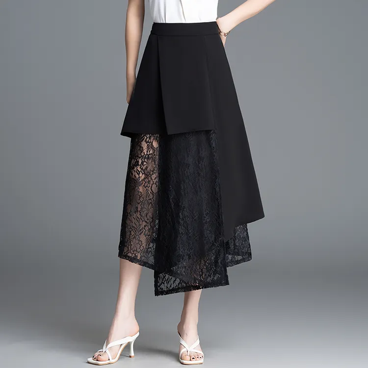 不规则蕾丝拼接半身裙女不对称夏季新款中长款气质小众设计感长裙