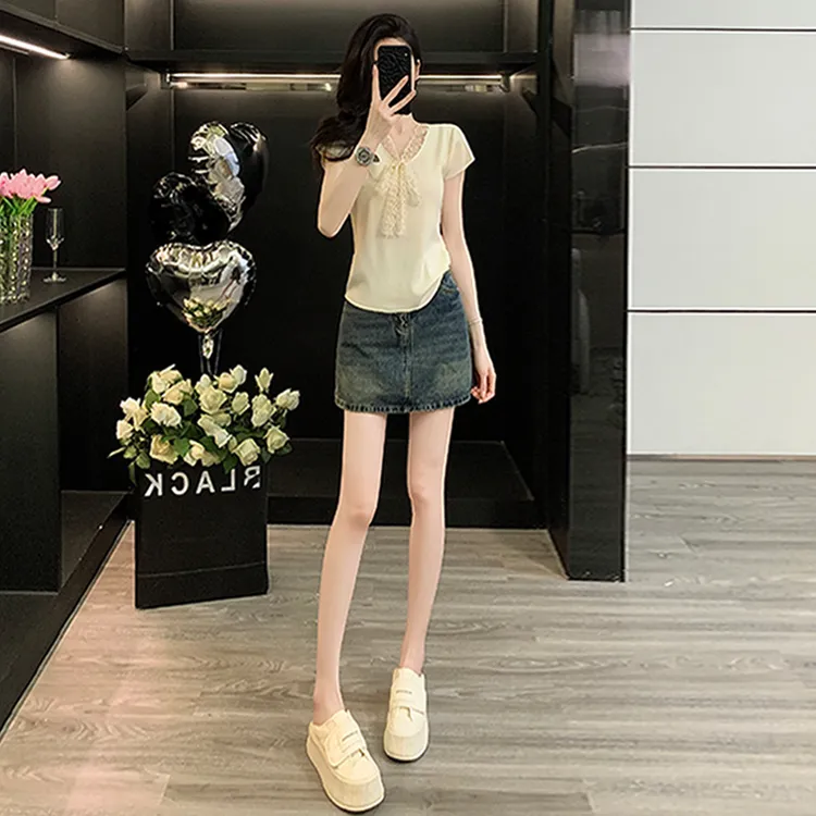 时尚套装裙女夏新款V领蕾丝拼接蝴蝶结针织衫蓝色牛仔短裙两件套