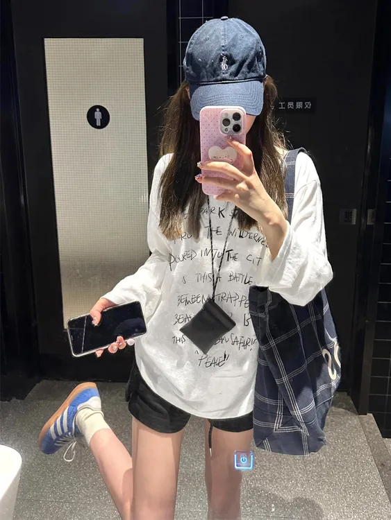 100%纯棉新款春秋正肩长袖t恤女内搭别致美式宽松上衣体恤打底衫