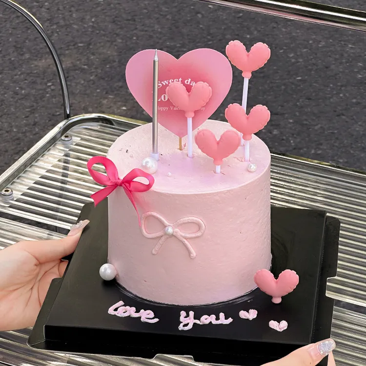 七夕情人节快乐蛋糕装饰love you爱心插牌ins风蝴蝶结丝带装扮