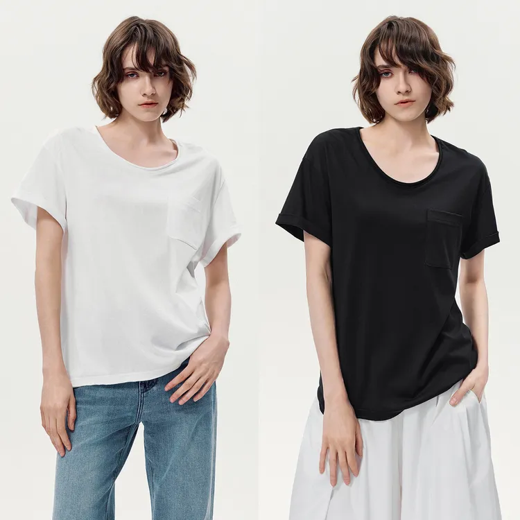 华吉言/HUAJIYAN【默片】天丝棉混纺圆V领卷边设计T恤