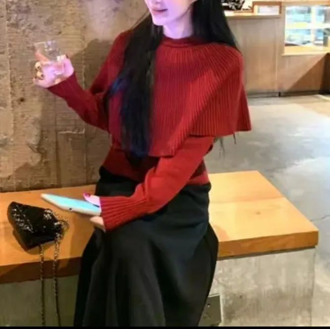 韩系氛围感披肩假两件针织衫女巨好看的早秋穿搭叠穿斗篷毛衣上衣