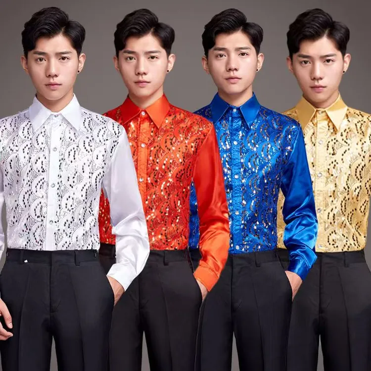 彩色亮片衬衫舞台演出男士衬衣广场舞大合唱表演主持歌手男装大码