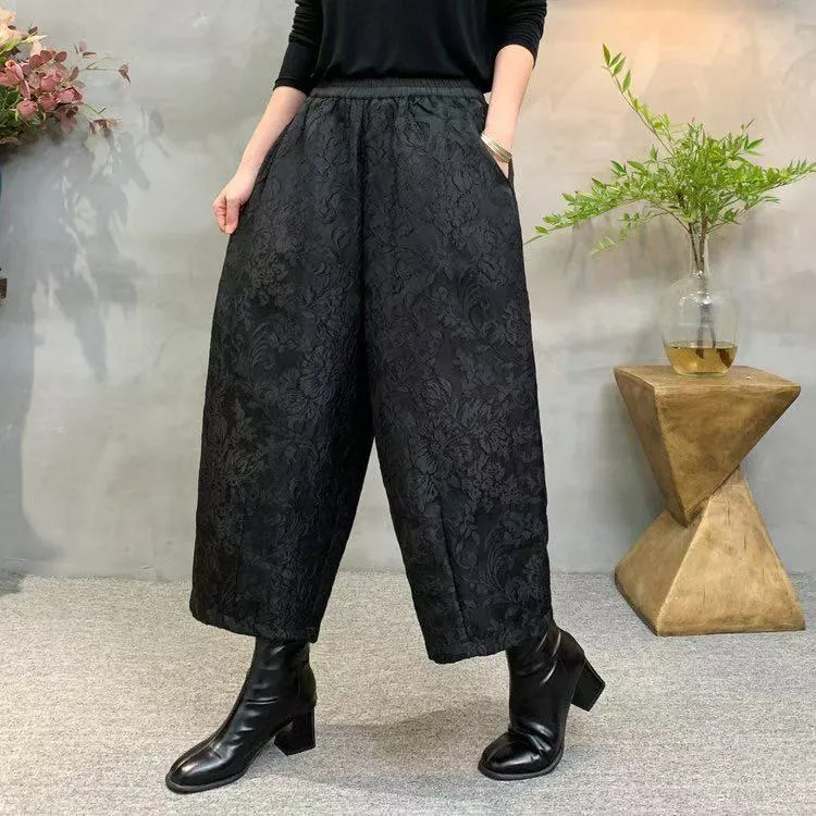 冬季保暖提花印花加绒加厚显瘦花苞裤高腰文艺百搭直筒阔腿裤秋冬