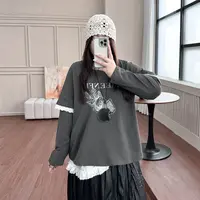 DC8335大码女装【潮酷街头T恤】假两件袖子拼接花边长袖打底衫上衣