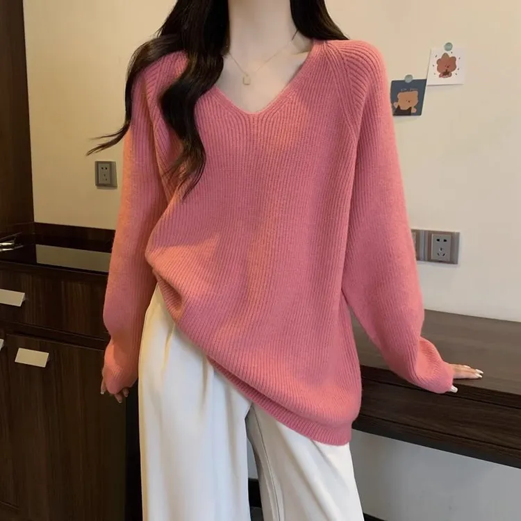 大码慵懒风遮肚子V领毛衣女秋冬胖mm宽松显瘦软糯长袖打底针织衫