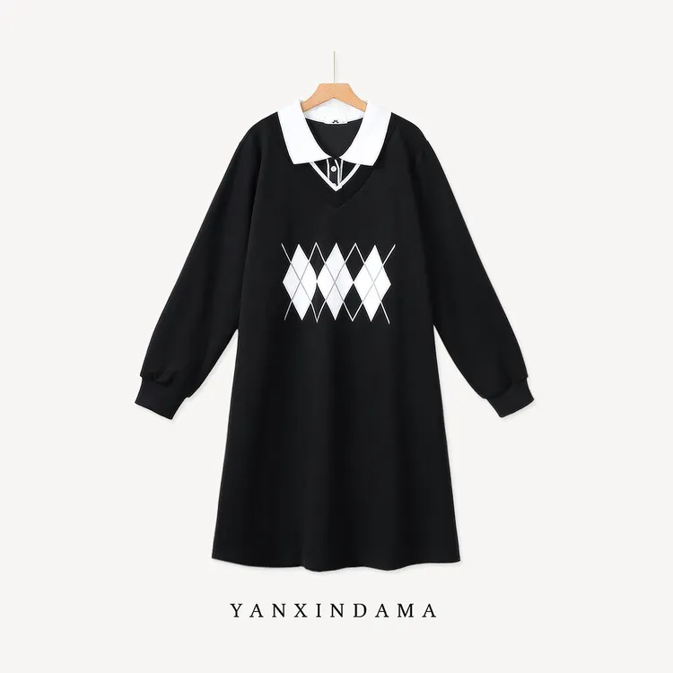 【岩心】大码女装300斤胖MM学院风POLO领拼接假两件长袖连衣裙63093