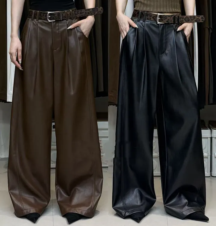 [二小姐]深圳欧货秋高腰压褶阔腿皮裤蛇纹腰带装饰宽松显瘦阔腿裤