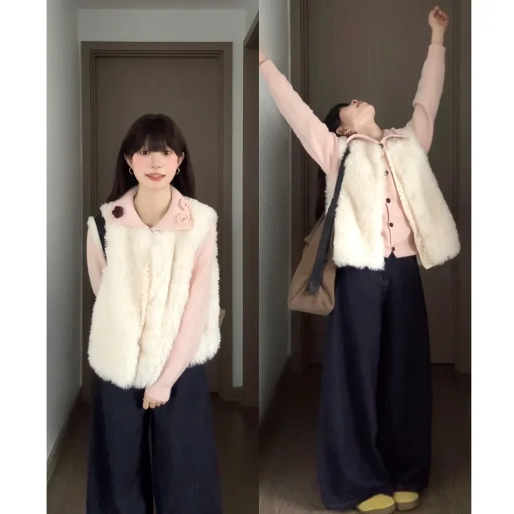 MARIE.COCO韩系日常通勤坎肩毛茸茸马甲毛衣叠穿女秋冬阔腿牛仔裤