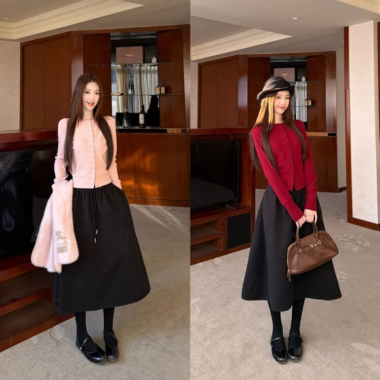 【韩女法则】秋冬纽扣显瘦针织开衫+抽绳遮肉加厚毛呢花苞裙 23530#