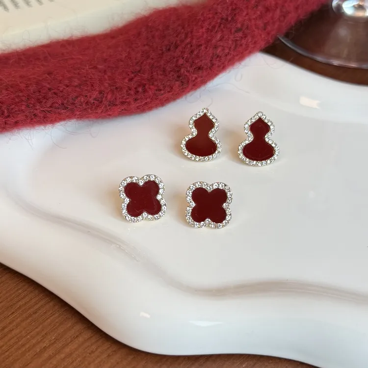 铜合金锆石耳饰 新年红色喜庆精致独特耳环轻奢小众百搭耳饰女