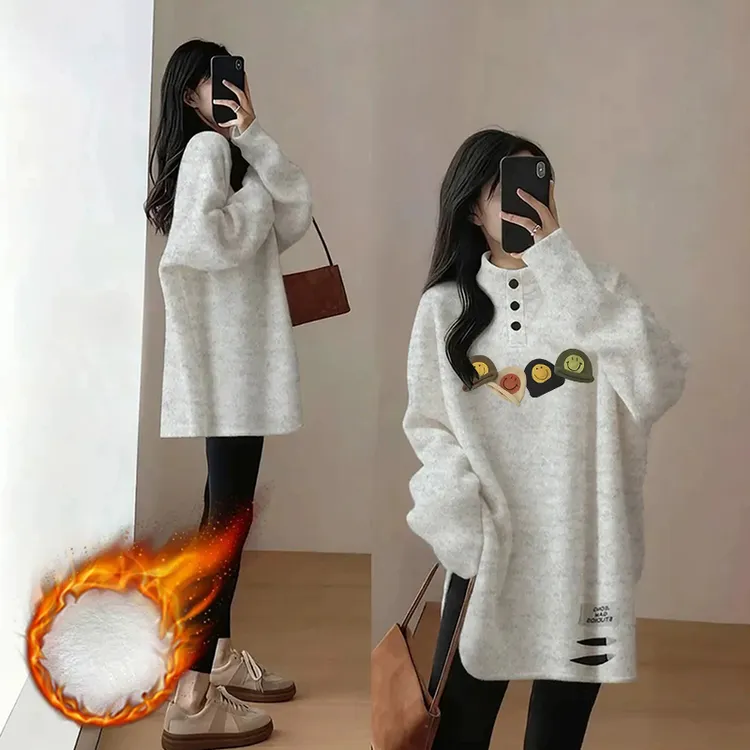 德绒时尚洋气百搭长袖T恤女宽松破洞中长款遮臀显瘦打底衫上衣潮