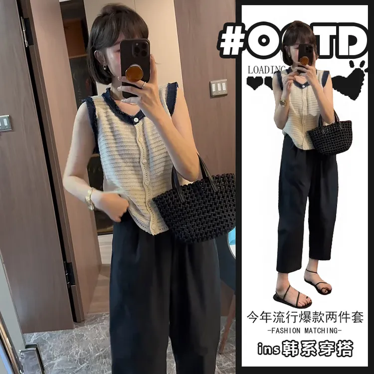 高级感小洋装套装女夏季设计感撞色拼接无袖上衣高腰遮胯休闲裤潮