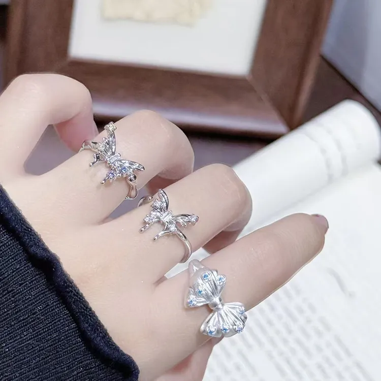 铜合金合成锆石戒指 千金公主风可爱气质立体蝴蝶结开口戒指女