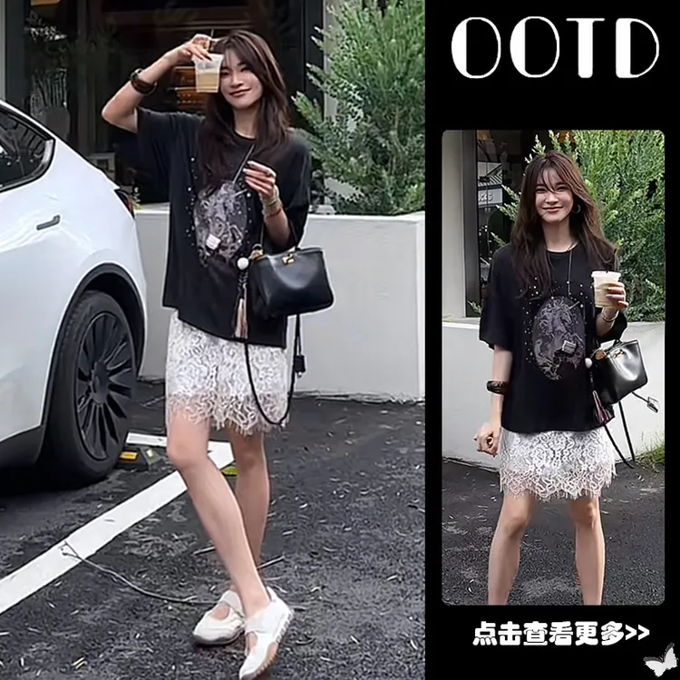 【现货】夏季流行穿搭一整套女2025新款韩版短袖T恤蕾丝短裙两件套