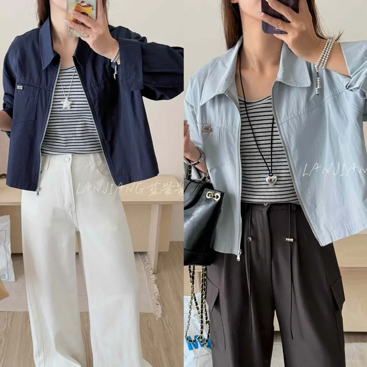 LANJIANG 秋游计划·背心+衬衫两件套外套翻领拉链休闲长袖短衬衫