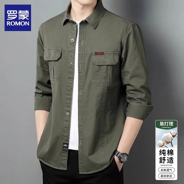 【100%纯棉】罗蒙男士工装长袖衬衫秋季新款户外休闲简约衬衫男装