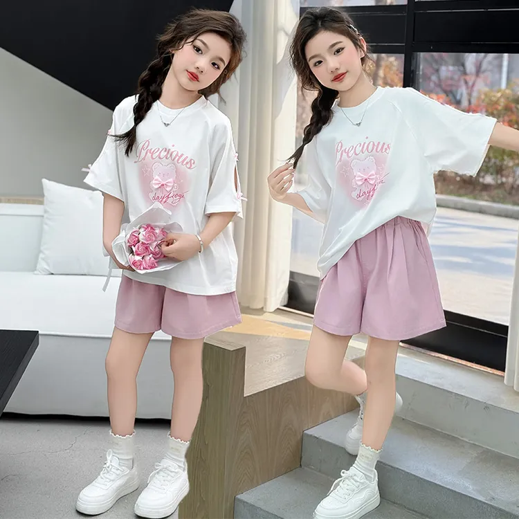 女童夏季T恤套装新款洋气时尚休闲圆领短袖韩版宽松短裤两件套潮