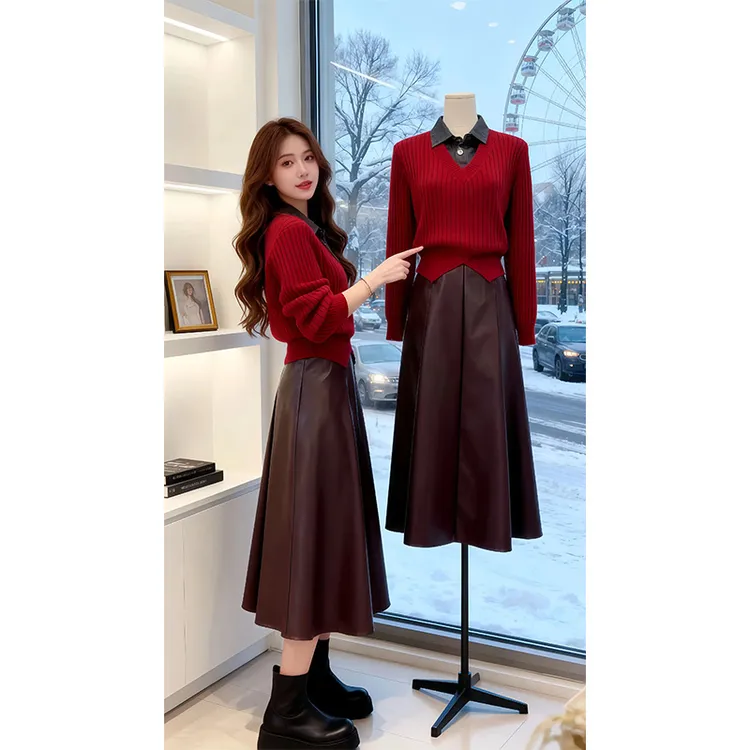 过年穿搭红色套装女2025新款牛仔衬衫假两件拼接针织衫皮裙穿搭