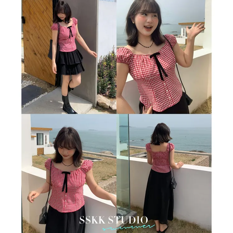 KMZY/KMZY山_山【浆果甜莓】微胖韩版夏季方领蝴蝶结系带格子衬衫女