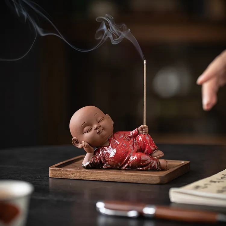 中式静卧小和尚线香炉香插香座禅意茶室桌面香薰炉摆件家用点香器