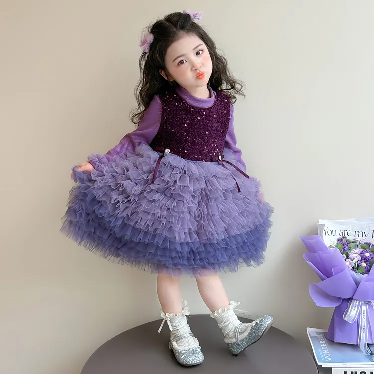 女童连衣裙冬装加绒公主裙儿童连衣裙套装新款宝宝生日亮片礼服裙