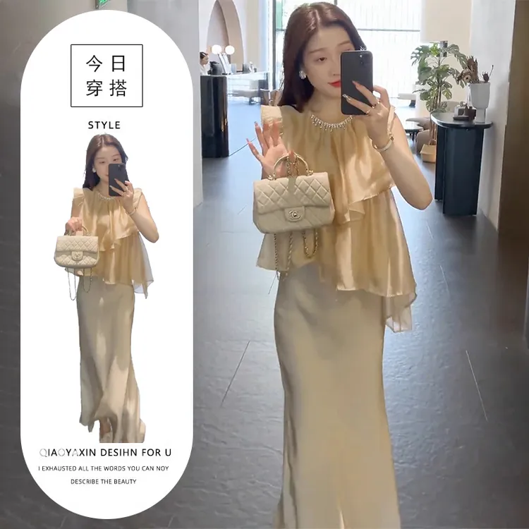 T256787+T256788夏季新款小飞袖雪纺上衣高腰鱼尾裙半身裙两件套