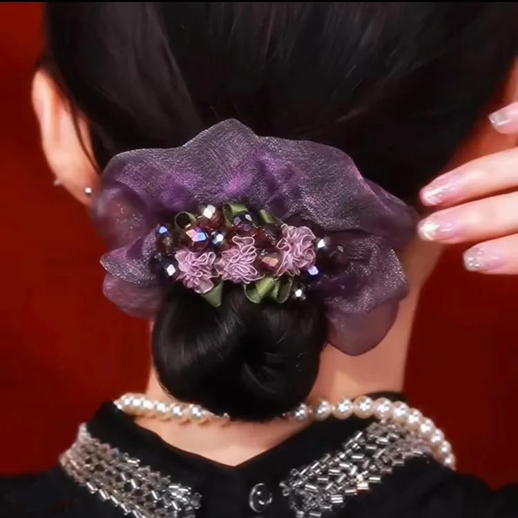 精品发饰 夏季新款“紫荆花”高级感轻奢高弹力闪钻欧根纱花朵发圈