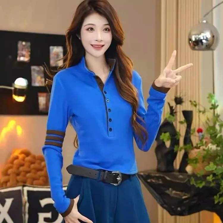 时尚半高领薄绒T恤女冬季新款修身显瘦撞色上衣加厚保暖打底衫潮