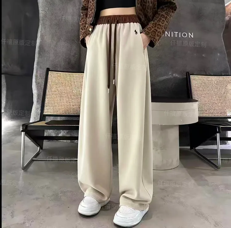 慵懒风刺绣阔腿裤女秋冬加绒加厚高腰宽松时尚百搭拼色休闲弯刀裤