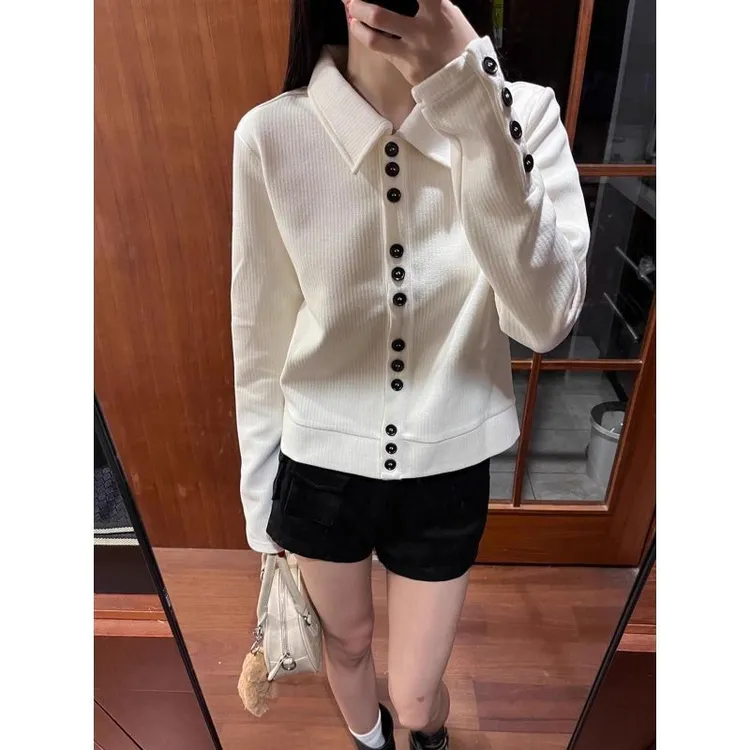 秋季排扣翻领白色上衣短款肌理感开衫衬衫显瘦外套女韩系气质夹克