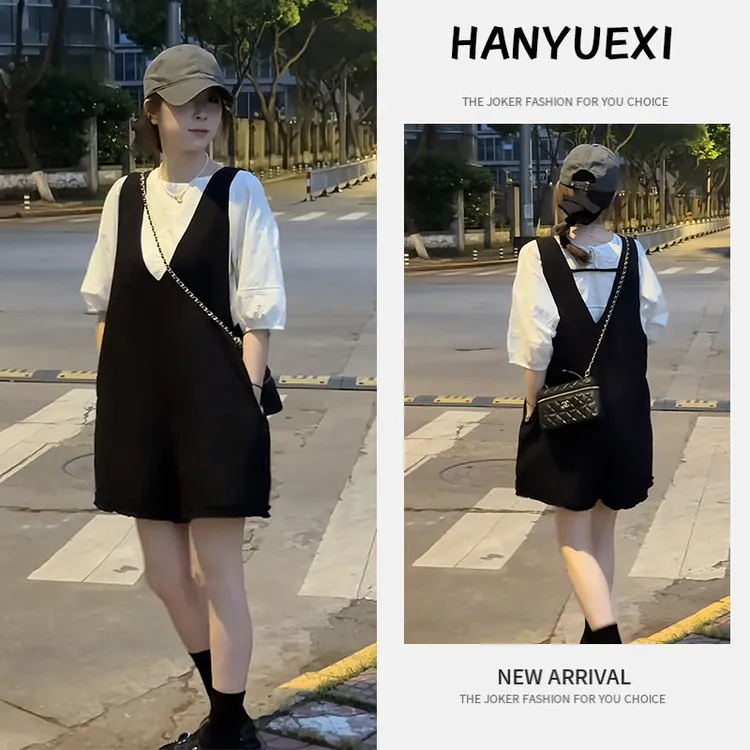 【现货】夏季时尚一整套女装2025新款爆款简约百搭短袖减龄背带短裤