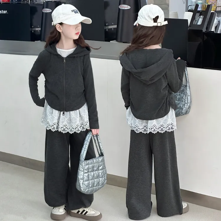 童装儿童套装2025春装女童拉链蕾丝花边裙裤阔腿休闲运动两件套装