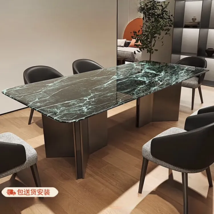 【普拉达绿】天然奢石意式极简别墅客厅轻奢高级感长方形奢石餐桌