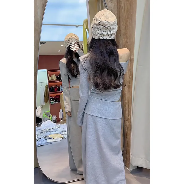 2025秋季新款女简约气质斜肩修身短款上衣百搭中长款高腰半身裙