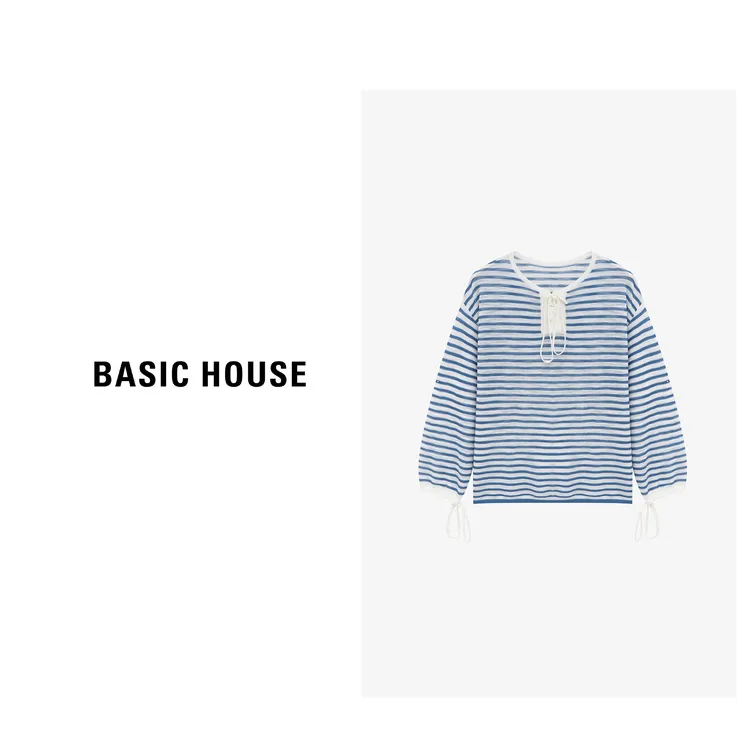 Basic House/百家好夏季设计师长袖条纹双色针织衫-B0625B5BPI2