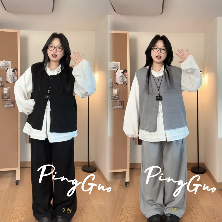 新款大码高级感洋气排扣衬衫通勤马甲高腰阔腿裤套装