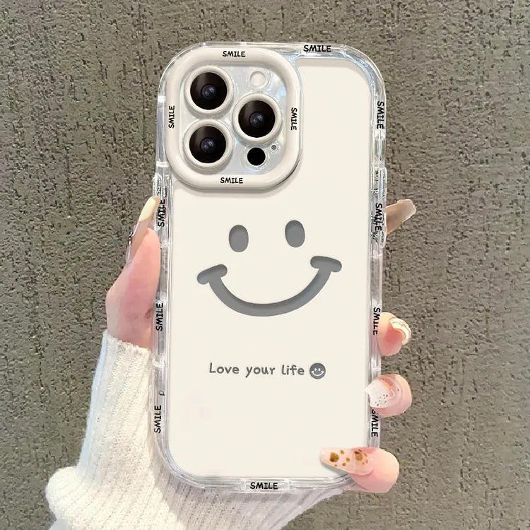 简约笑脸苹果15pro镜面手机壳适用iphone13/12透明防摔xs/xr创意8