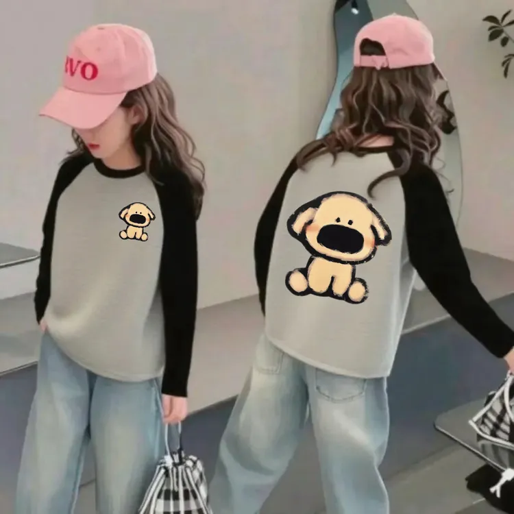 女童长袖卡通T恤春秋2025新款儿童洋气印花打底衫女孩撞色上衣潮T