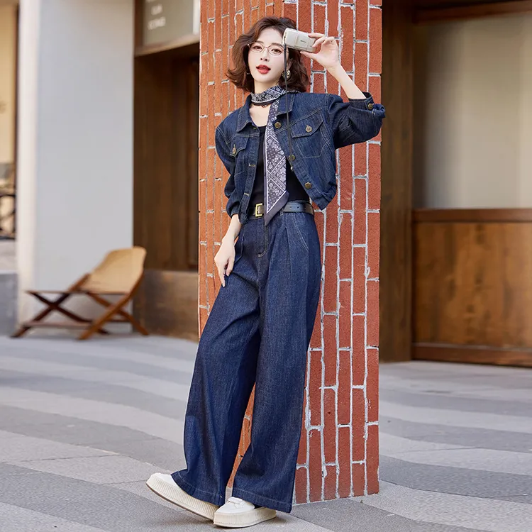 复古休闲工装牛仔套装女2024秋季新款显瘦气质减龄阔腿裤两件套