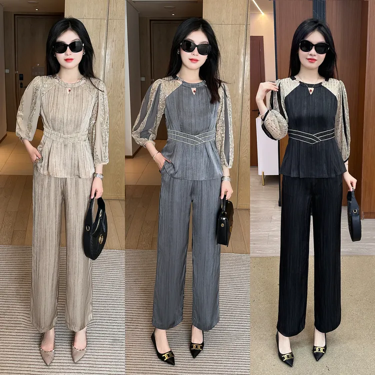 新中式时尚套装女春秋洋气显瘦阔太太七分袖上衣高腰阔腿裤两件套