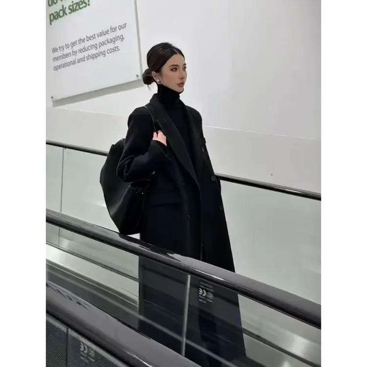 赫本风黑色双面羊大衣女2025秋冬季新款高级感气质羊毛呢子外套