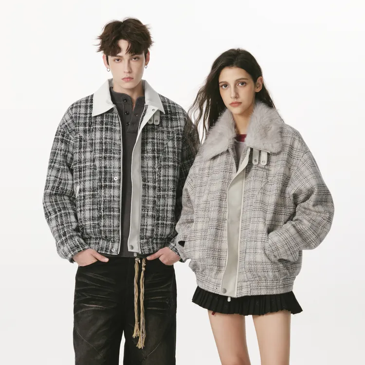 FORNINES可拆毛领格子棉衣男冬季翻领棉袄潮牌棉服小香风厚外套女