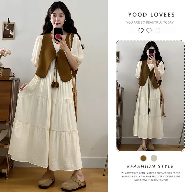 法式泡泡袖连衣裙女夏季新款韩版显瘦气质马甲两件套高级感套装裙