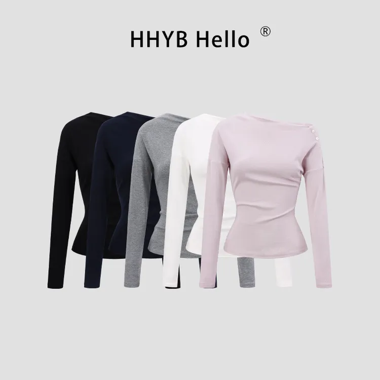 HHYB Hello2025新款韩系别致感斜肩露肩蝙蝠袖长袖T恤女250704